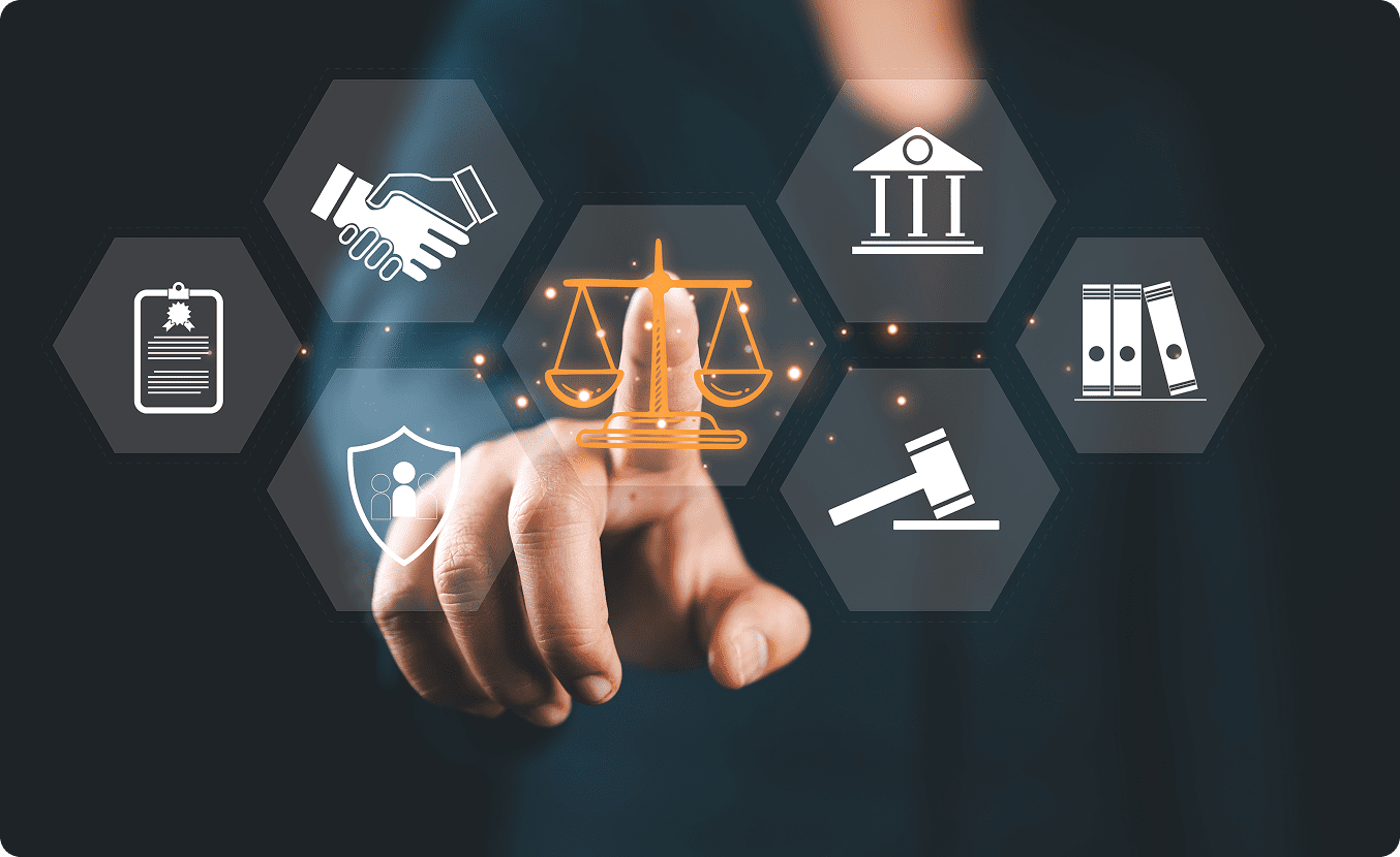 Hand interacting with digital legal icons including scales of justice and courthouse.