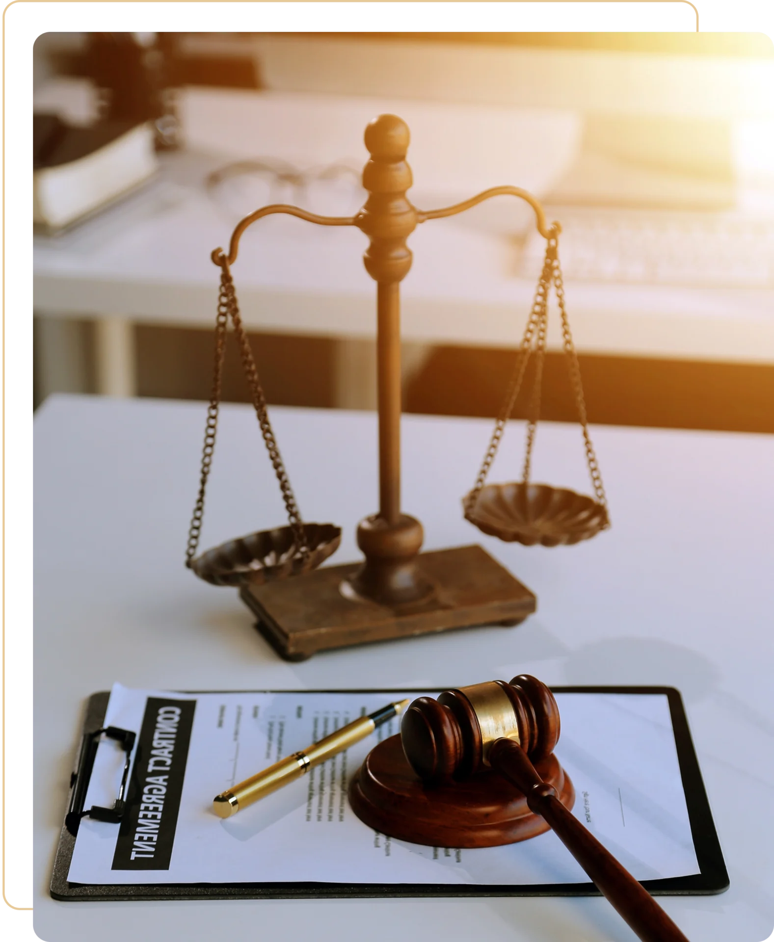 Law office with scales of justice on desk