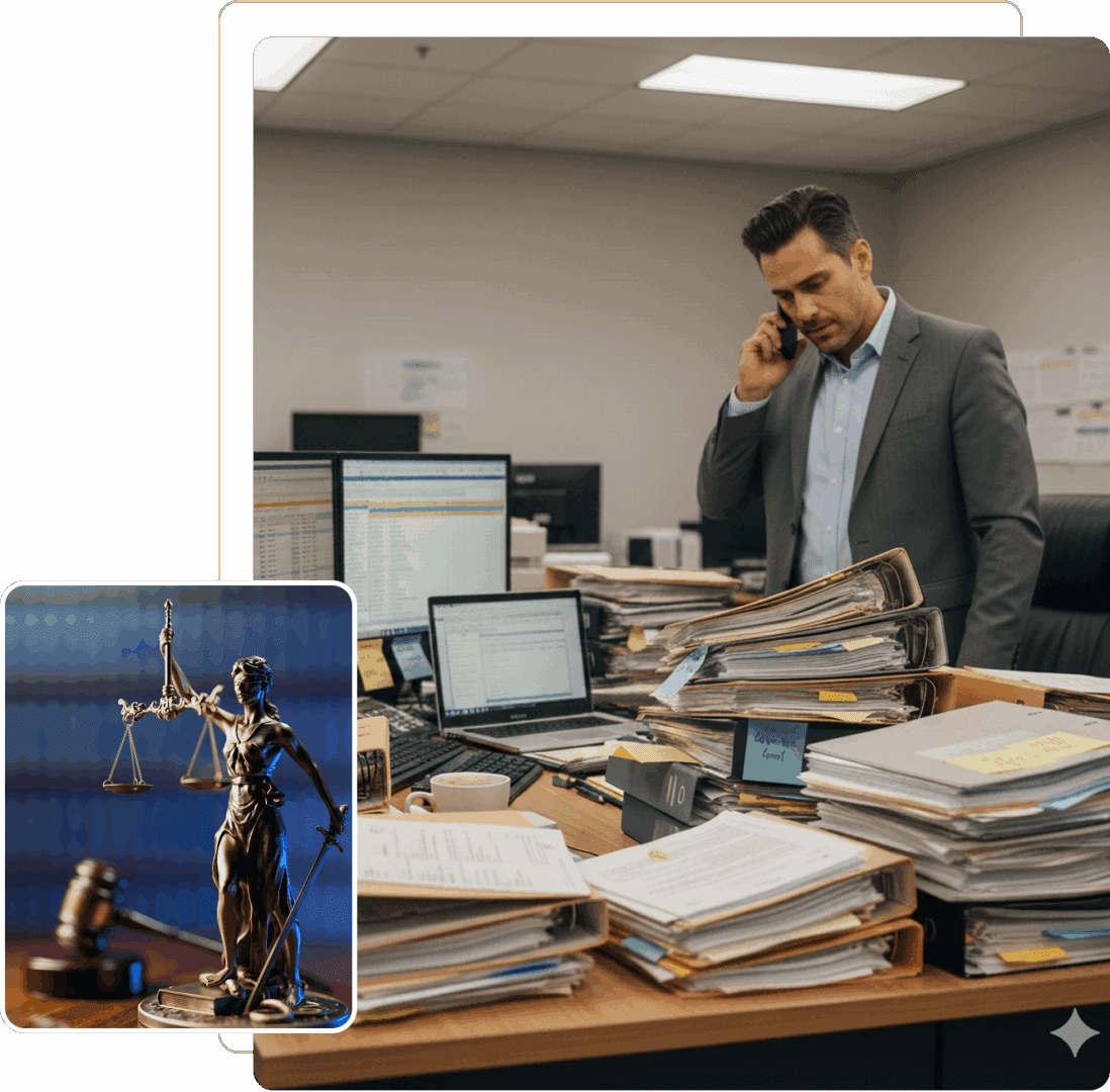 A man on phone in a cluttered office filled with stacks of paperwork and computer screens.